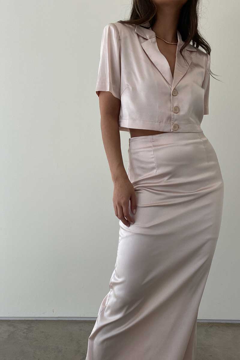 Satin Collared Crop Top and Maxi Skirt Sets - TheOures