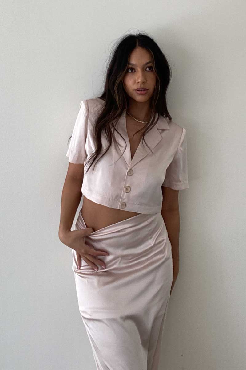 Satin Collared Crop Top and Maxi Skirt Sets - TheOures