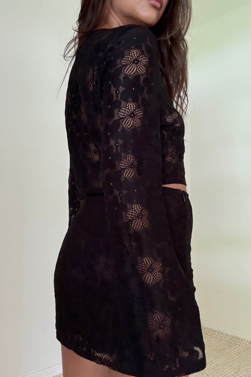 Floral Lace Bell Sleeve Crop Top Skirt Set