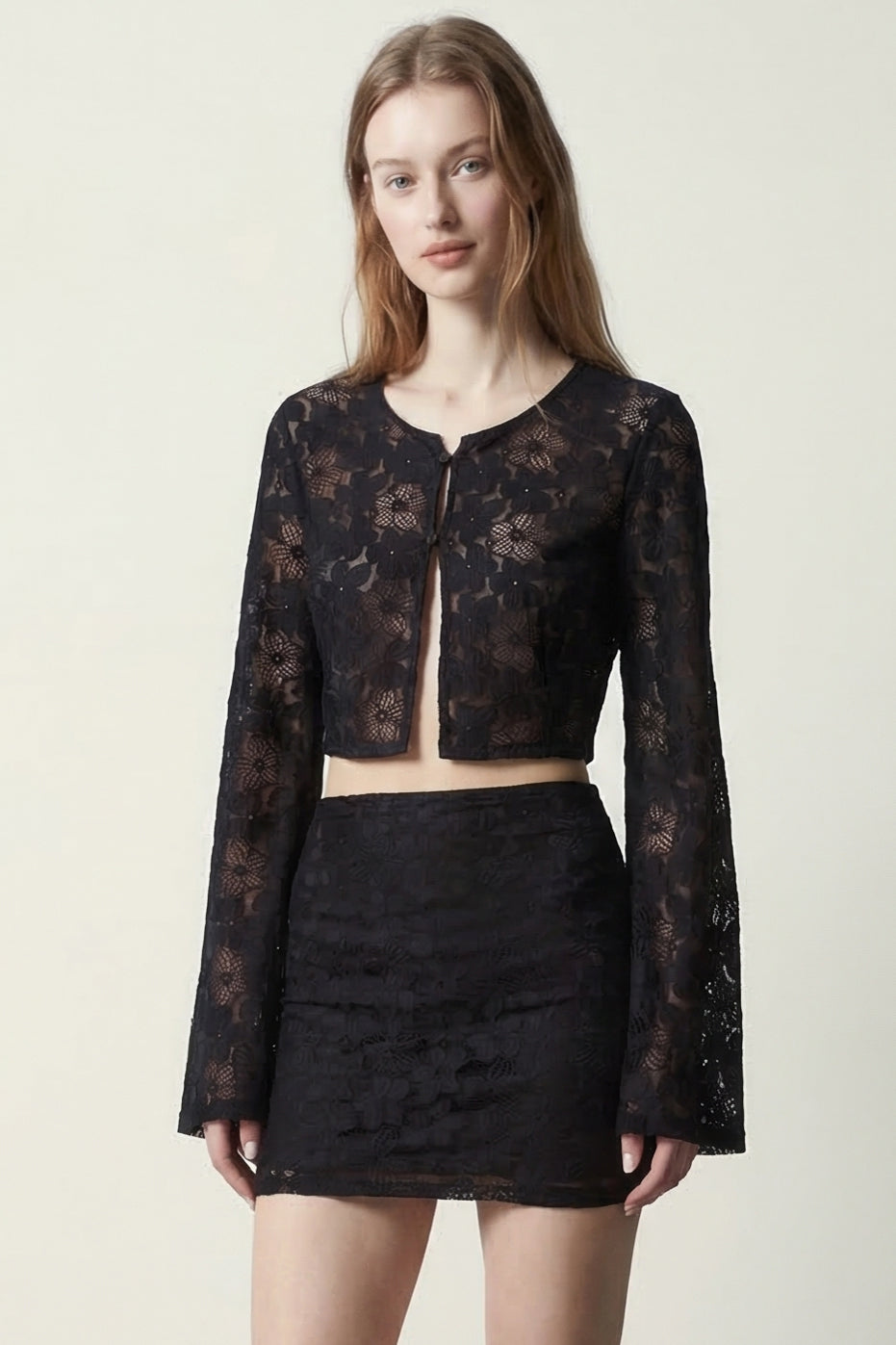 Floral Lace Bell Sleeve Crop Top Skirt Set