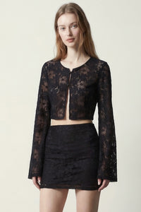 Floral Lace Bell Sleeve Crop Top Skirt Set