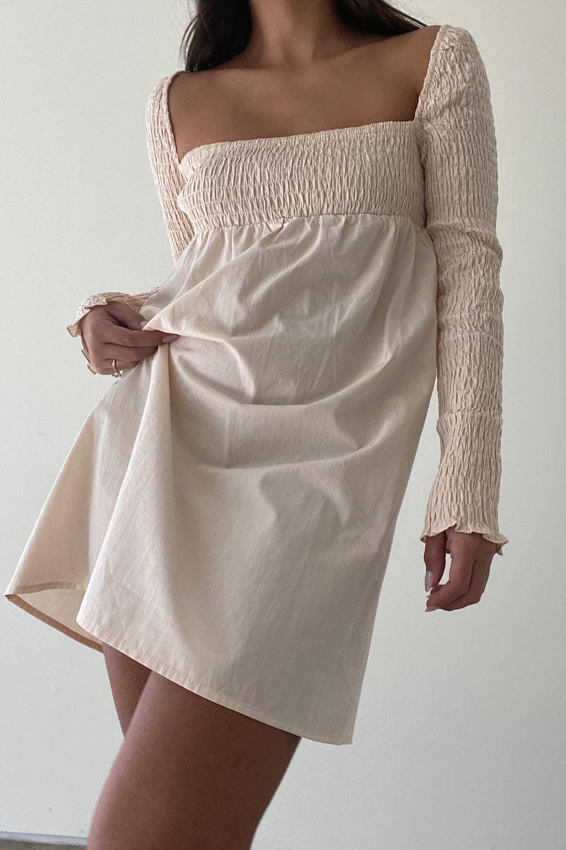 Smocked Bodice Long Sleeve Mini Dress