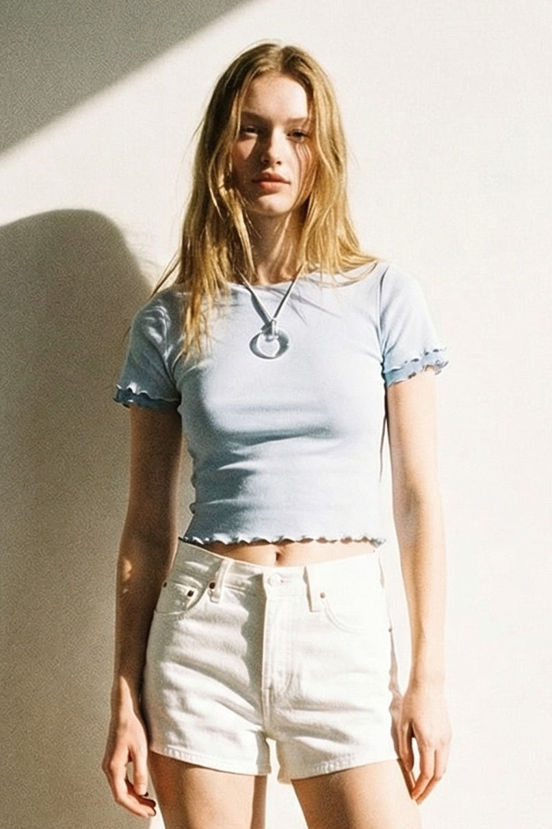 Color Block Mesh Lettuce Edge Crop Top
