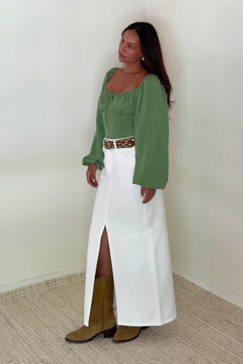 Ruched Tie-Front Balloon Sleeve Crop Top