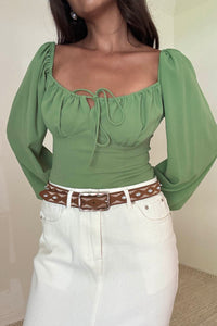 Ruched Tie-Front Balloon Sleeve Crop Top