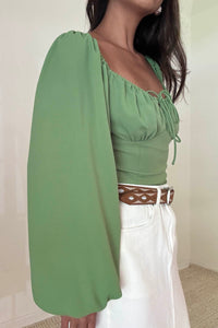 Ruched Tie-Front Balloon Sleeve Crop Top