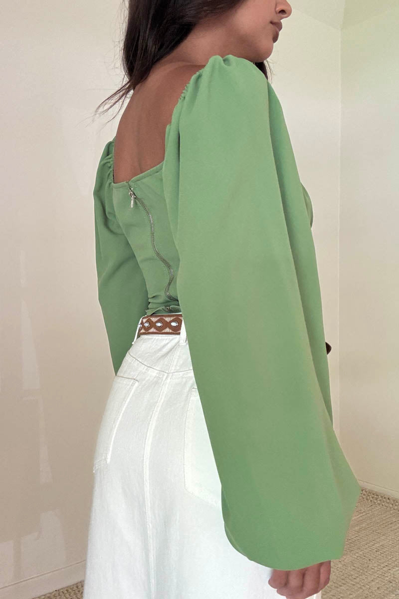 Ruched Tie-Front Balloon Sleeve Crop Top