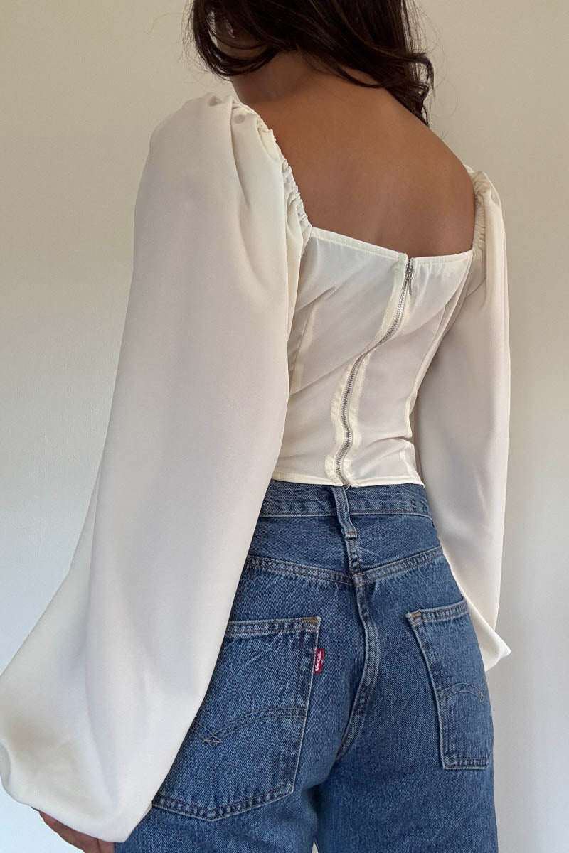 Ruched Tie-Front Balloon Sleeve Crop Top