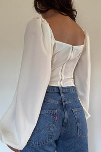 Ruched Tie-Front Balloon Sleeve Crop Top