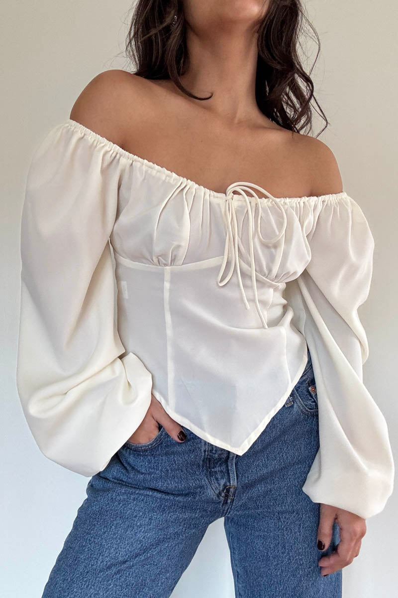 Ruched Tie-Front Balloon Sleeve Crop Top