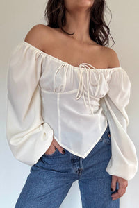 Ruched Tie-Front Balloon Sleeve Crop Top