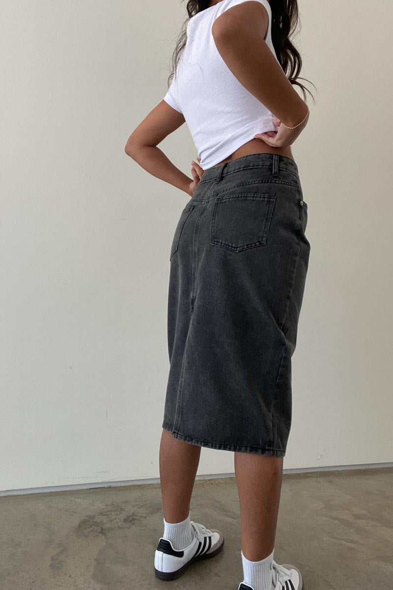 Dark Denim Washed Midi Skirt - TheOures