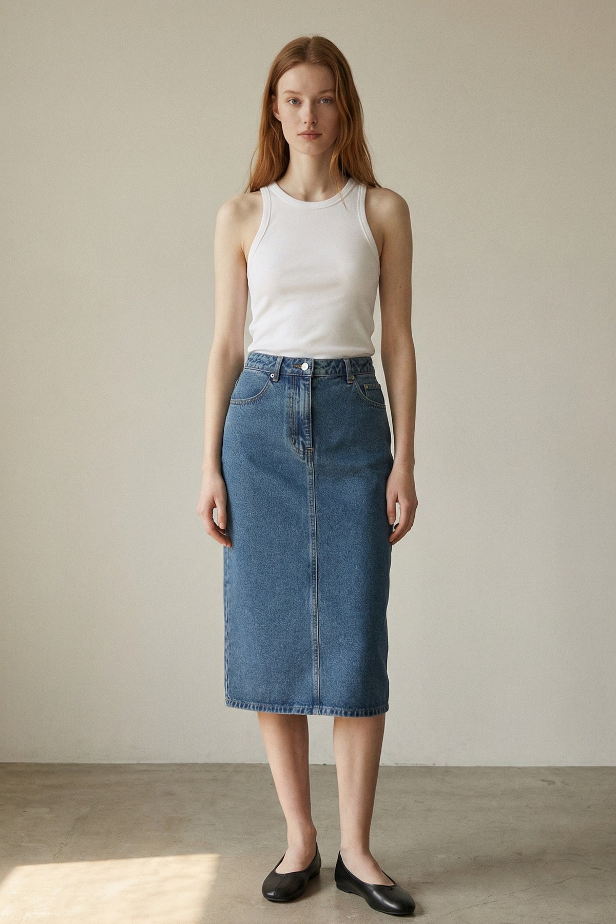 High Waist Washed Denim Midi Skirt