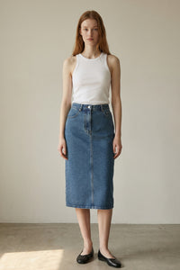 High Waist Washed Denim Midi Skirt