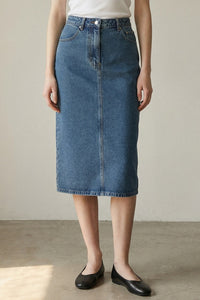 High Waist Washed Denim Midi Skirt