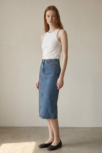 High Waist Washed Denim Midi Skirt