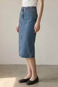 High Waist Washed Denim Midi Skirt