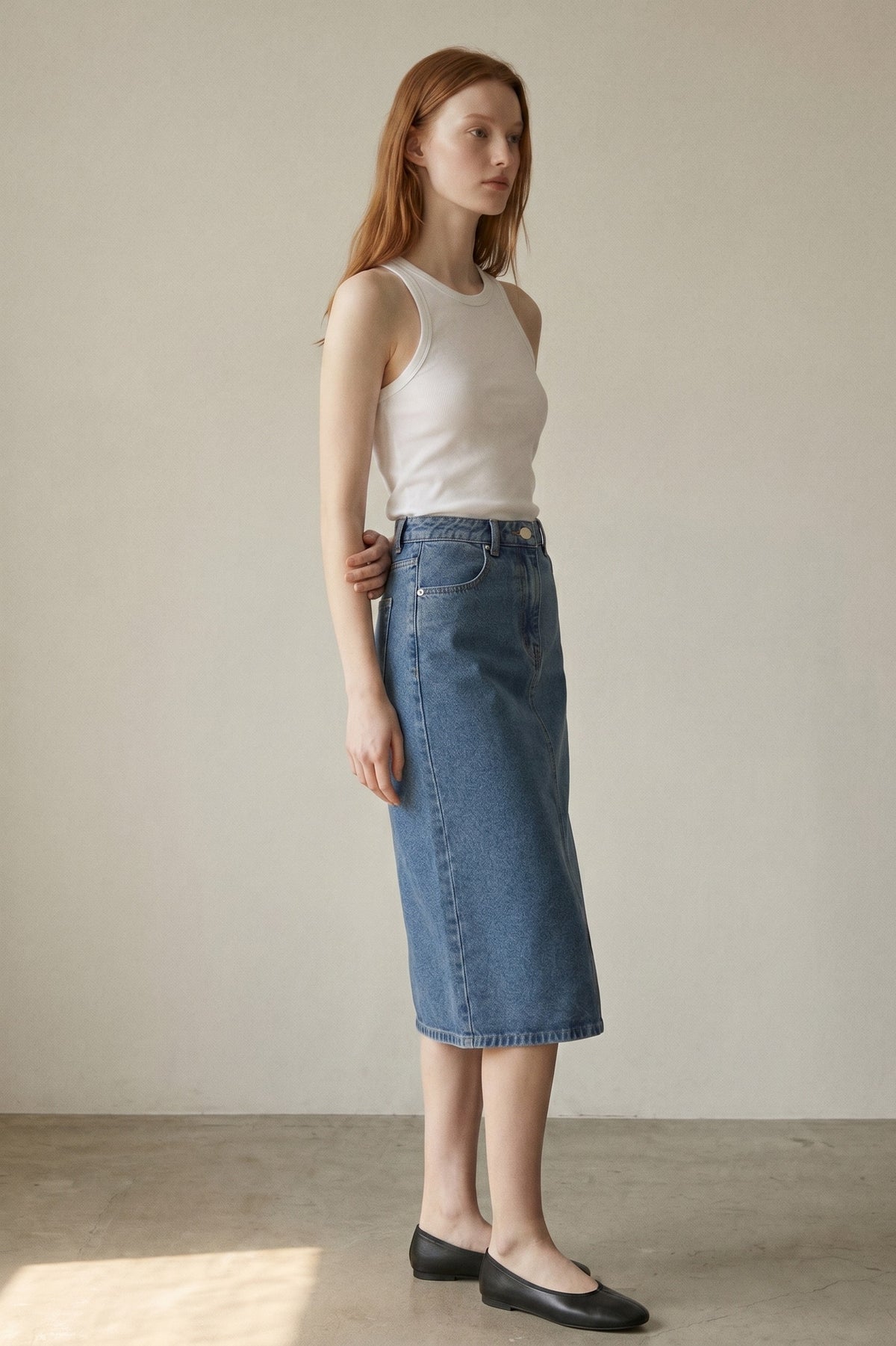 High Waist Washed Denim Midi Skirt