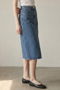 High Waist Washed Denim Midi Skirt