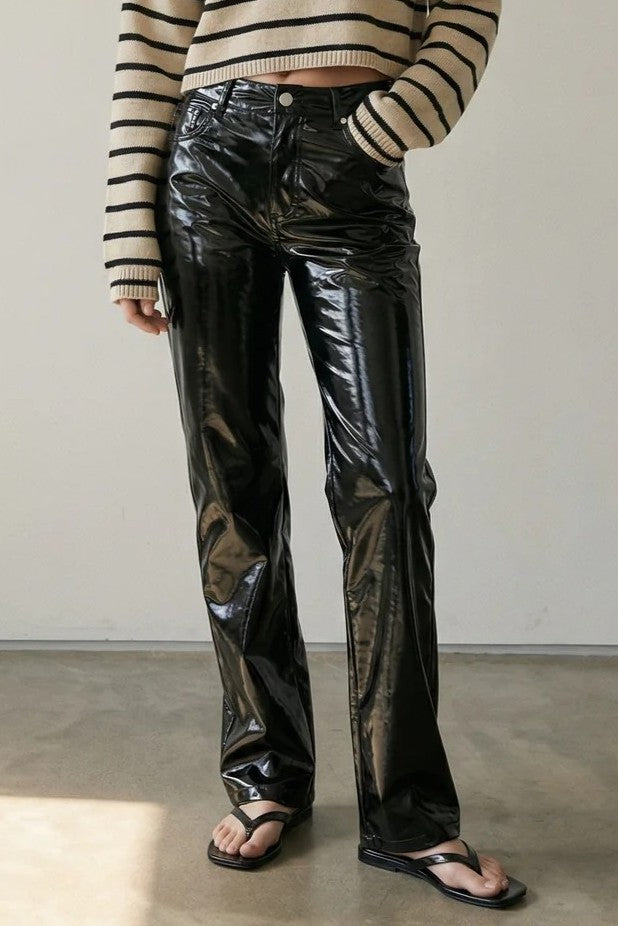 Faux Patent Slim Straight Leg Pants