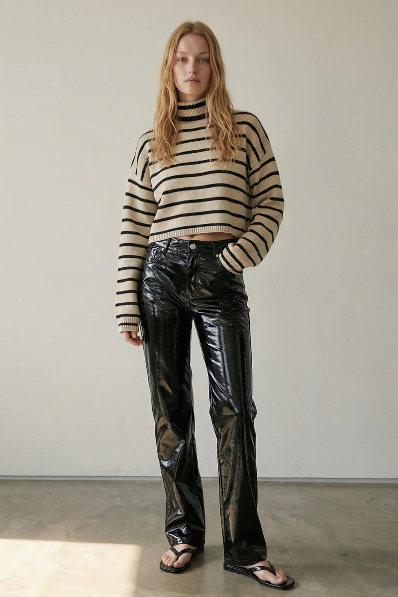 Faux Patent Slim Straight Leg Pants