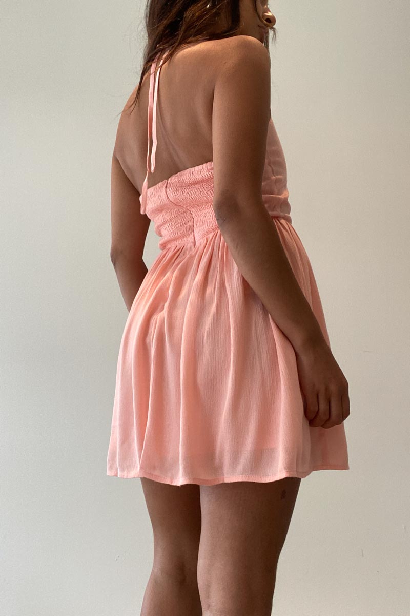 Halter Neck Shirred Back Mini Dress
