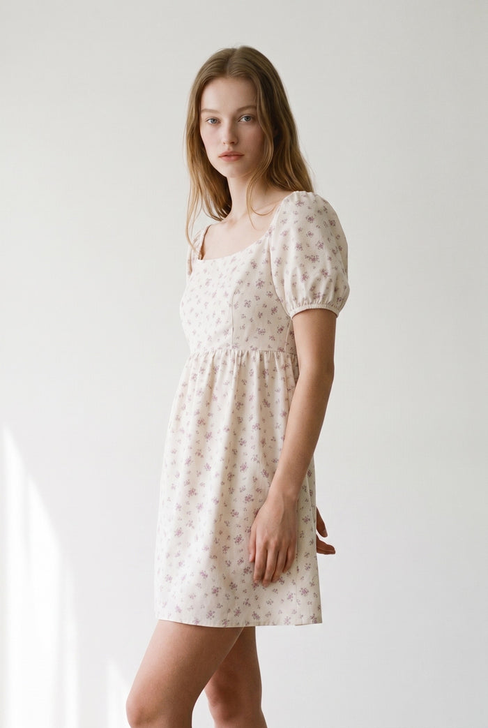 Square Neck Puff Sleeve Babydoll Mini Dress