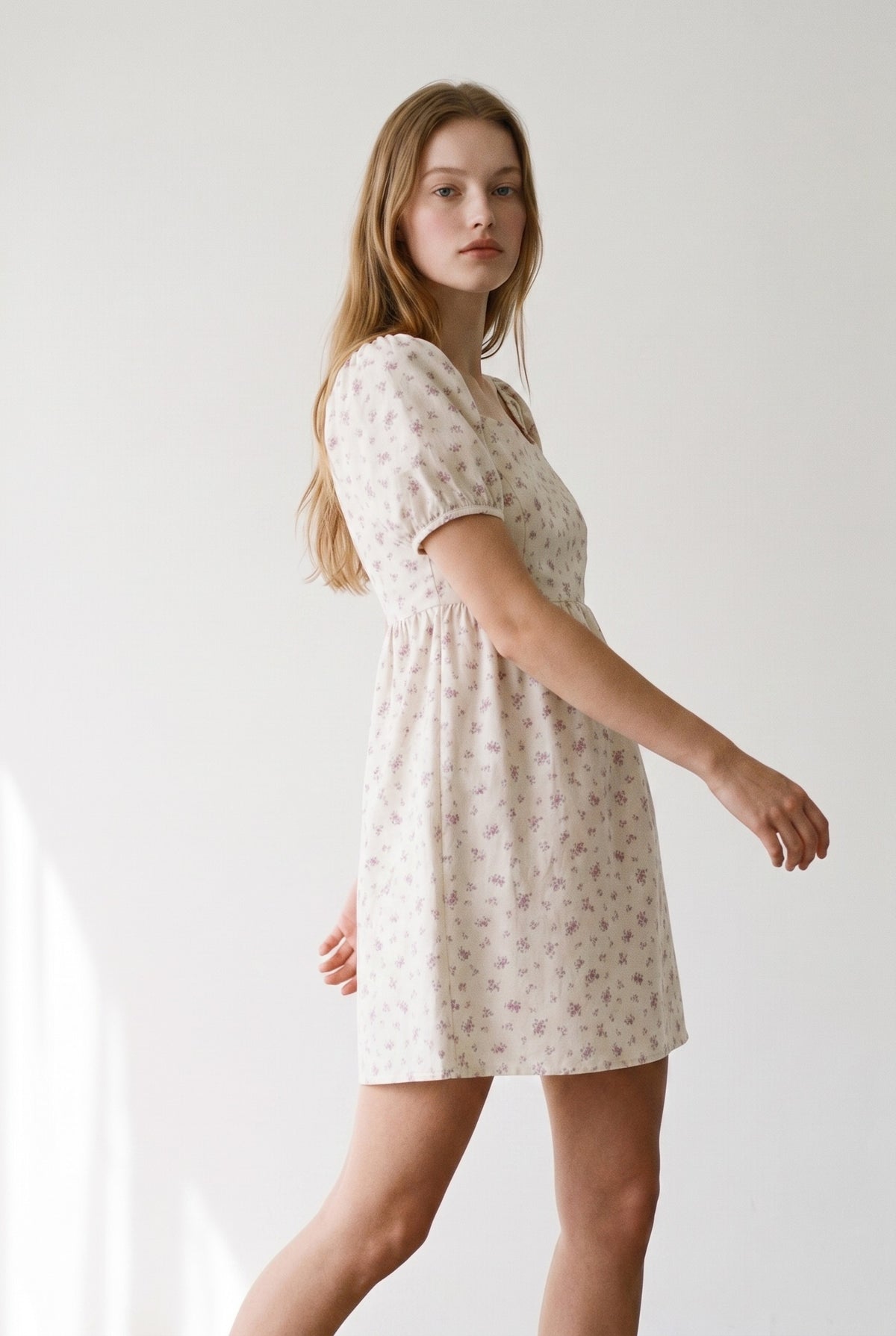 Square Neck Puff Sleeve Babydoll Mini Dress