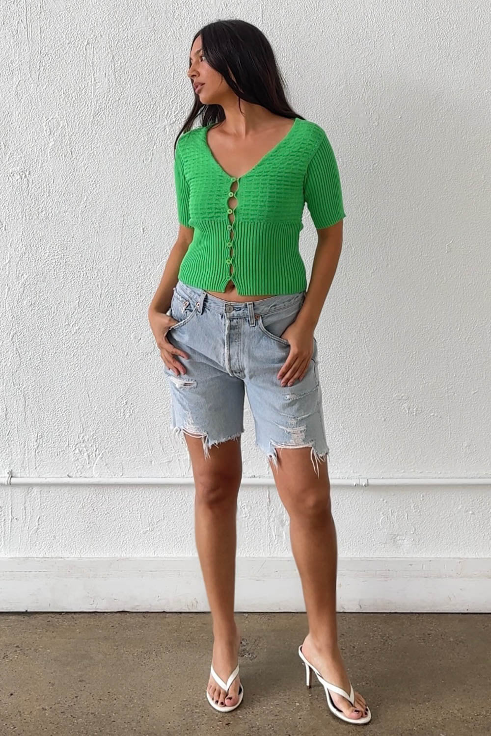 V-Neck Cutout Detail Ribbed Knit Top