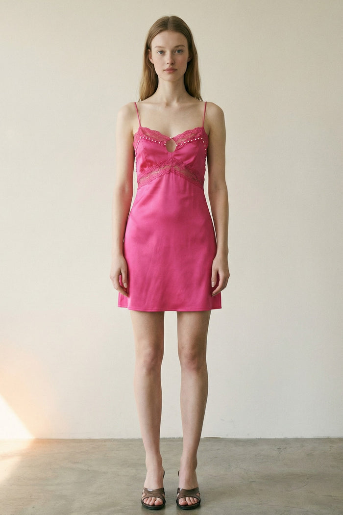 Lace Trim Keyhole Satin Mini Dress