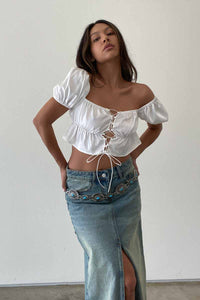 Satin Puffed Sleeves Lace Up Bustier Top