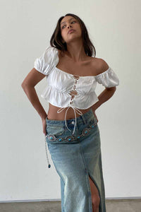 Satin Puffed Sleeves Lace Up Bustier Top