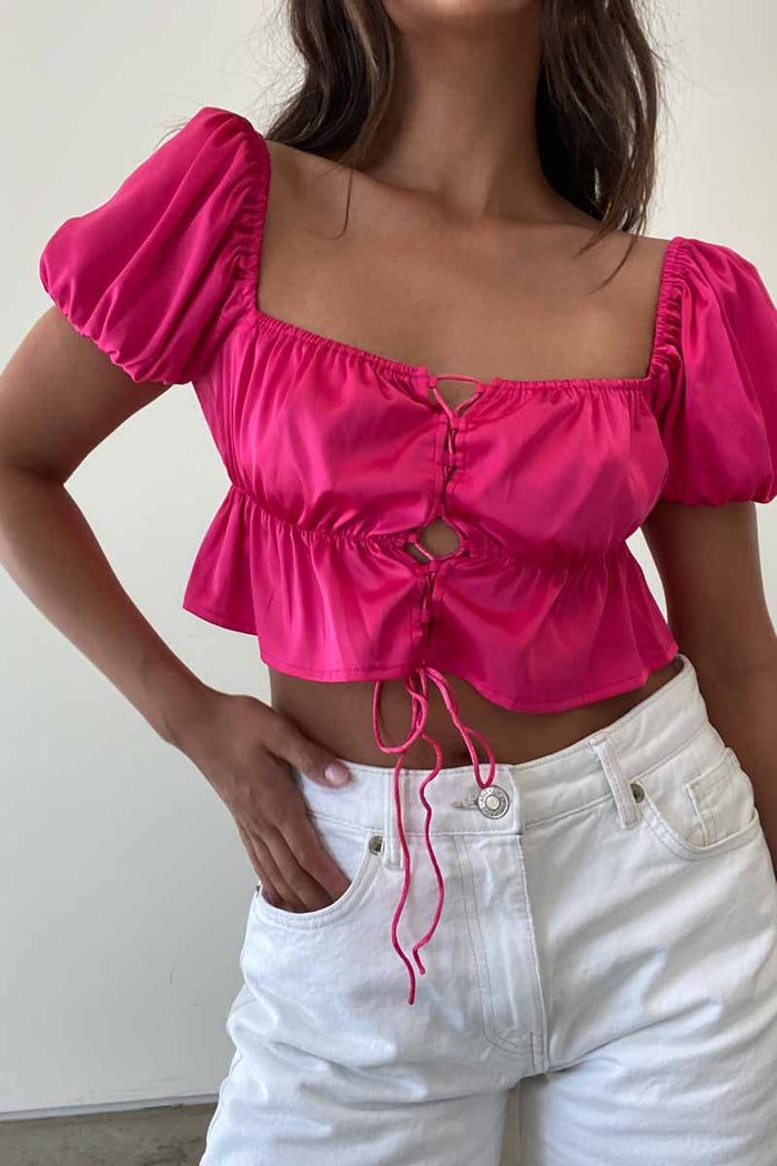 Satin Puffed Sleeves Lace Up Bustier Top