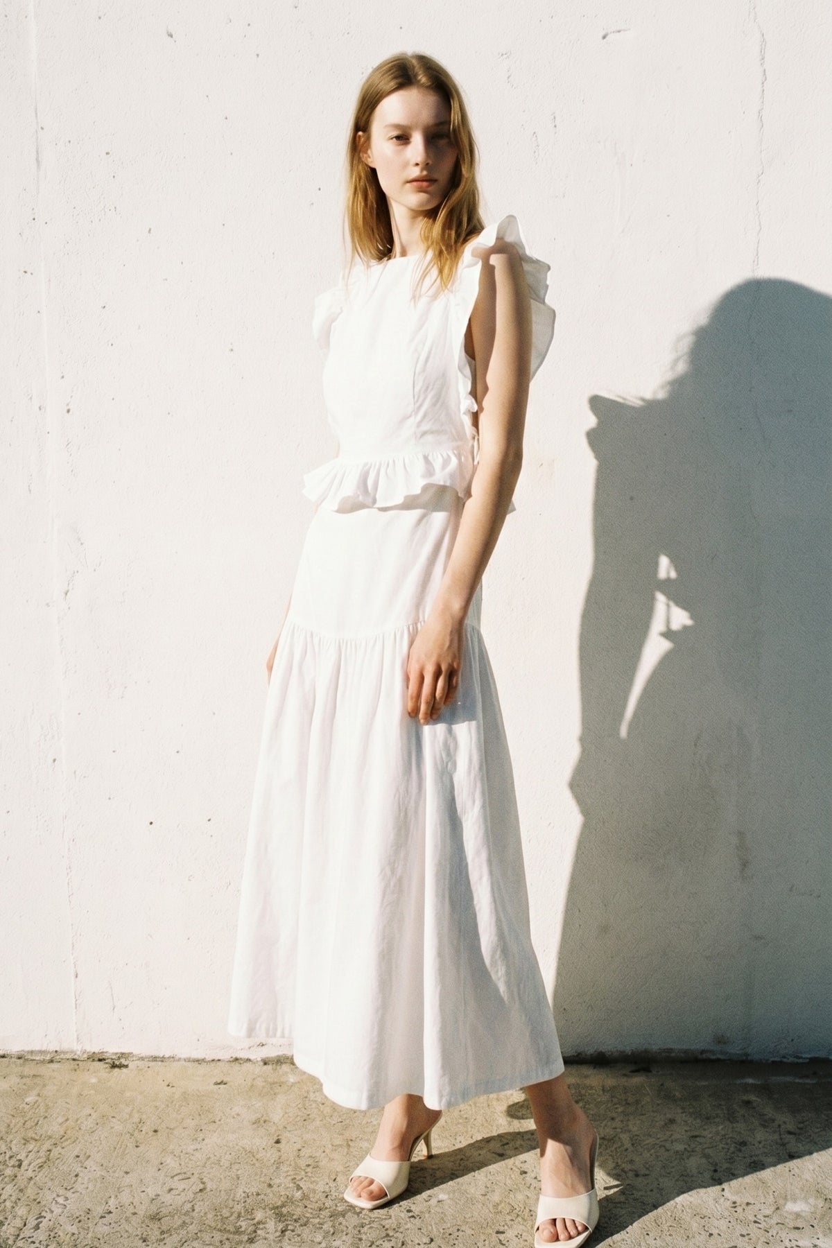 Cotton Ruffled Detail Midi Dress