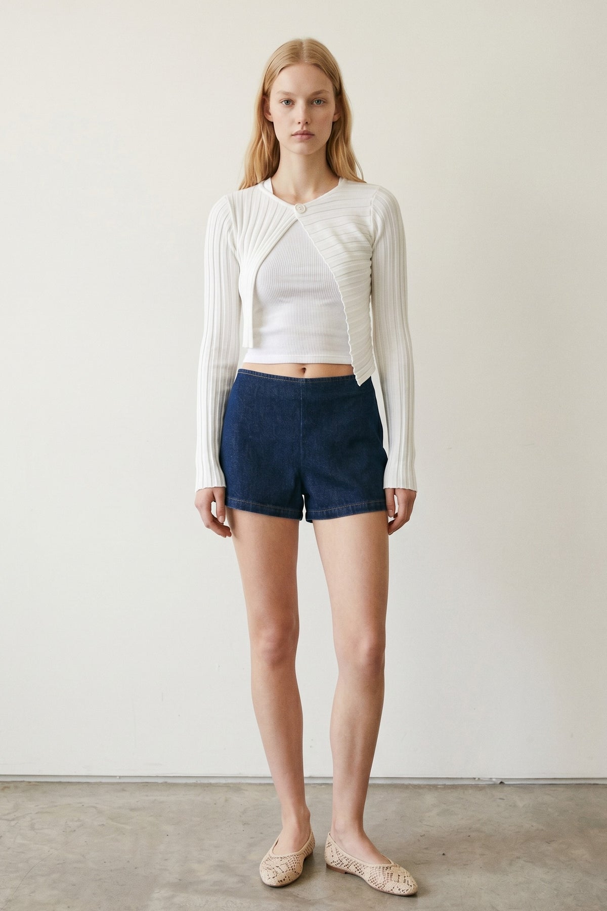 Ribbed Asymmetric One-Button Crop Cardigan