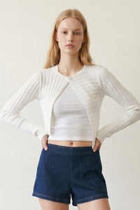 Ribbed Asymmetric One-Button Crop Cardigan
