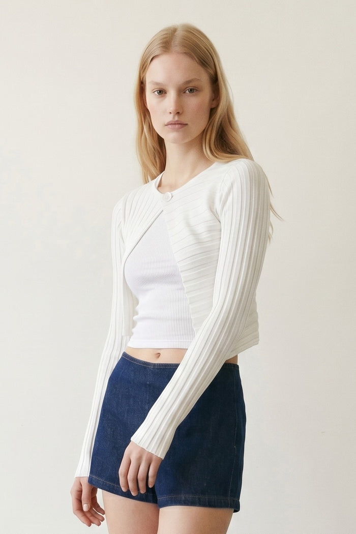Ribbed Asymmetric One-Button Crop Cardigan