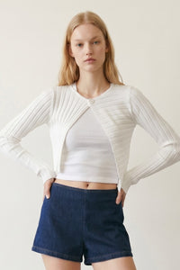 Ribbed Asymmetric One-Button Crop Cardigan