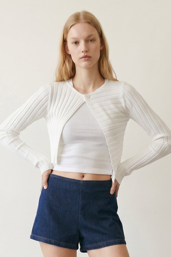 Ribbed Asymmetric One-Button Crop Cardigan