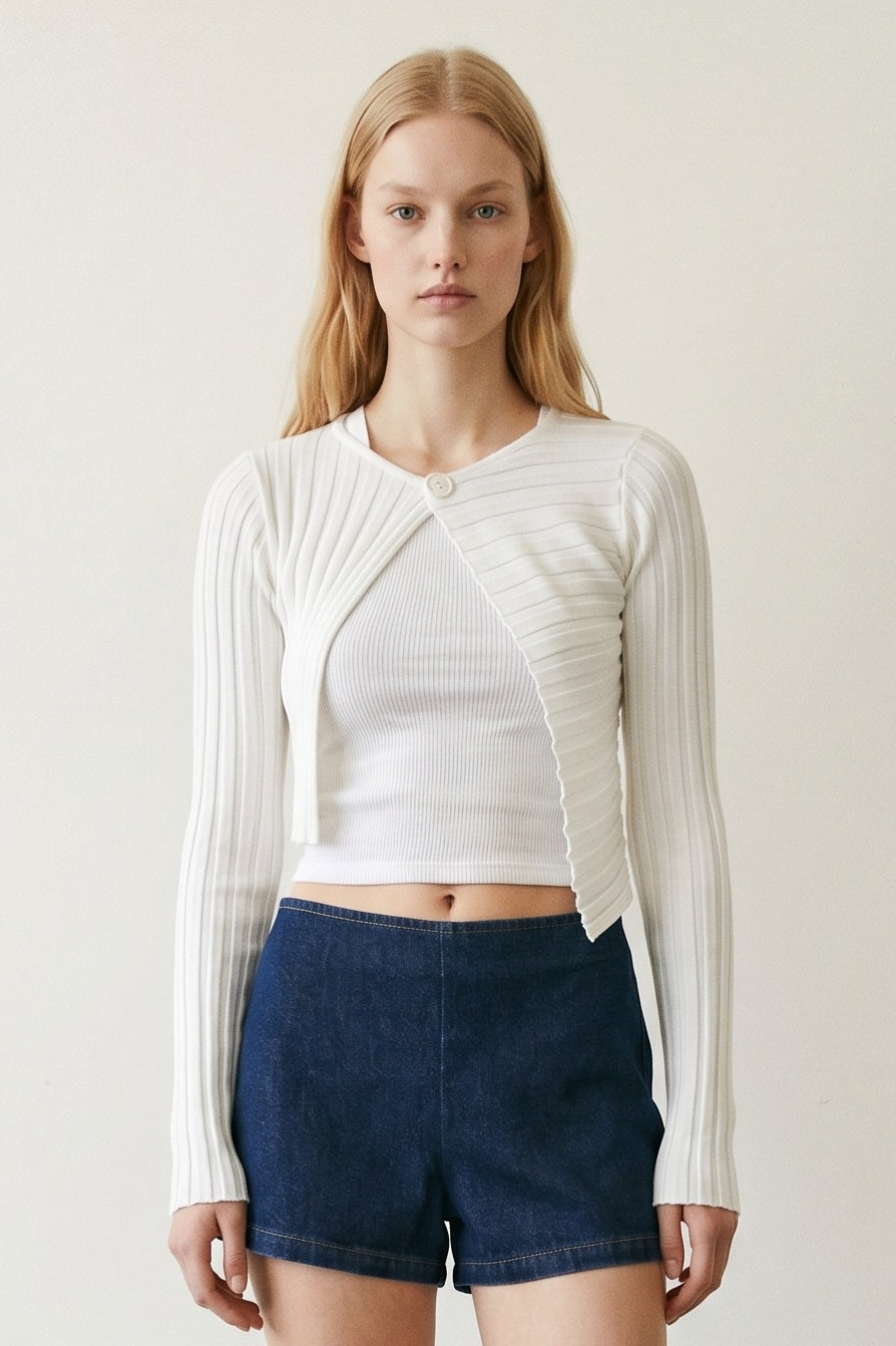Ribbed Asymmetric One-Button Crop Cardigan