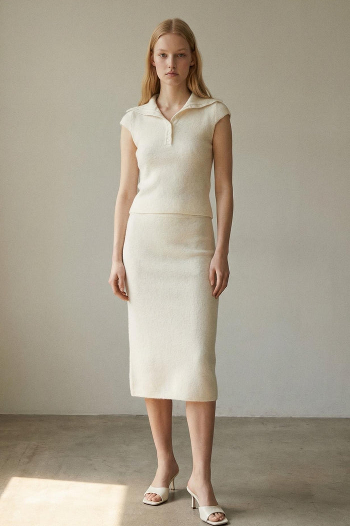 Soft Ribbed Polo Top and Midi Skirt Sets