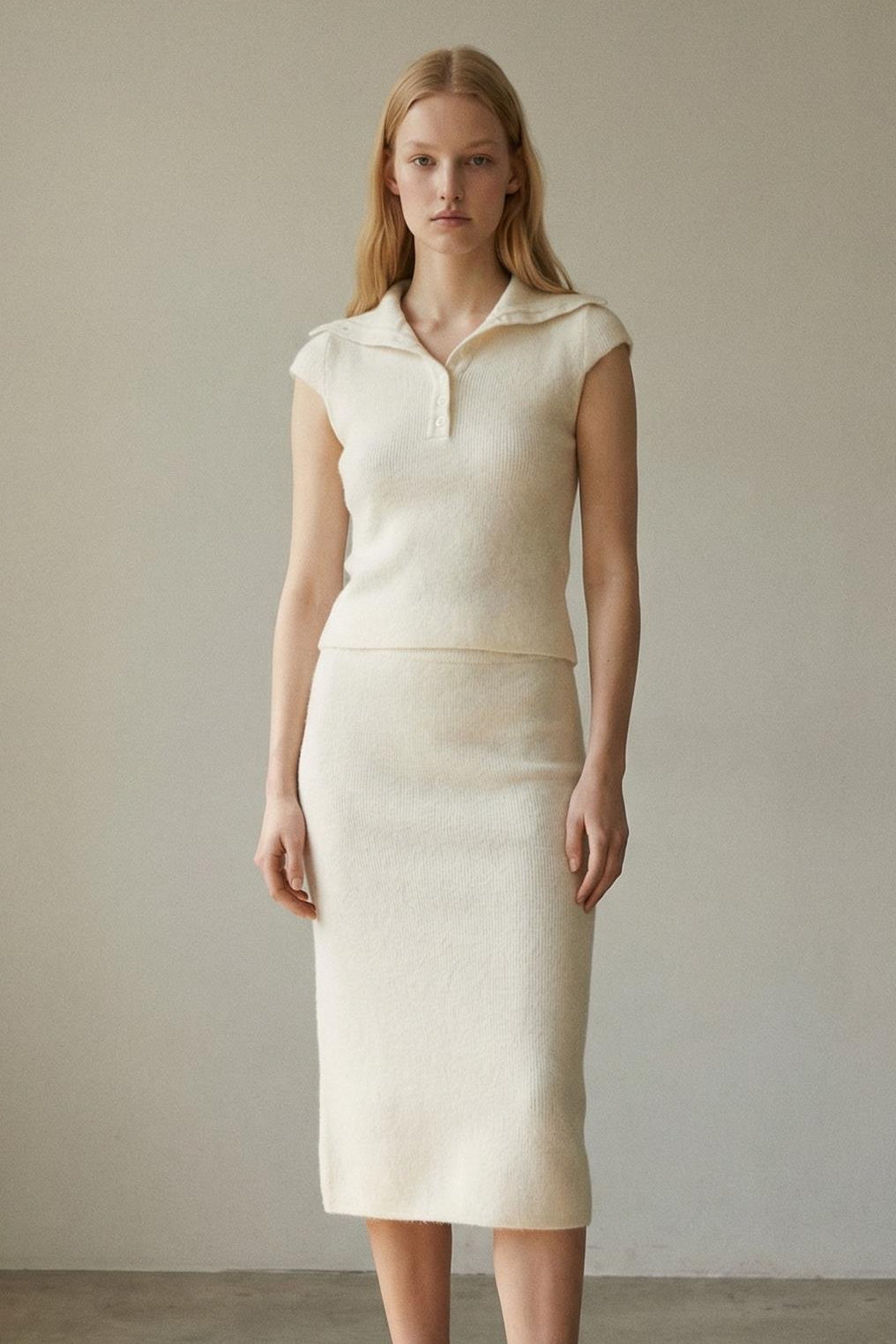 Soft Ribbed Polo Top and Midi Skirt Sets