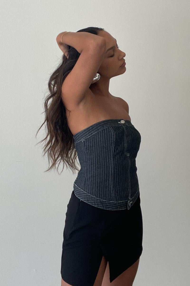 Striped Denim Woven Cotton Tube Top