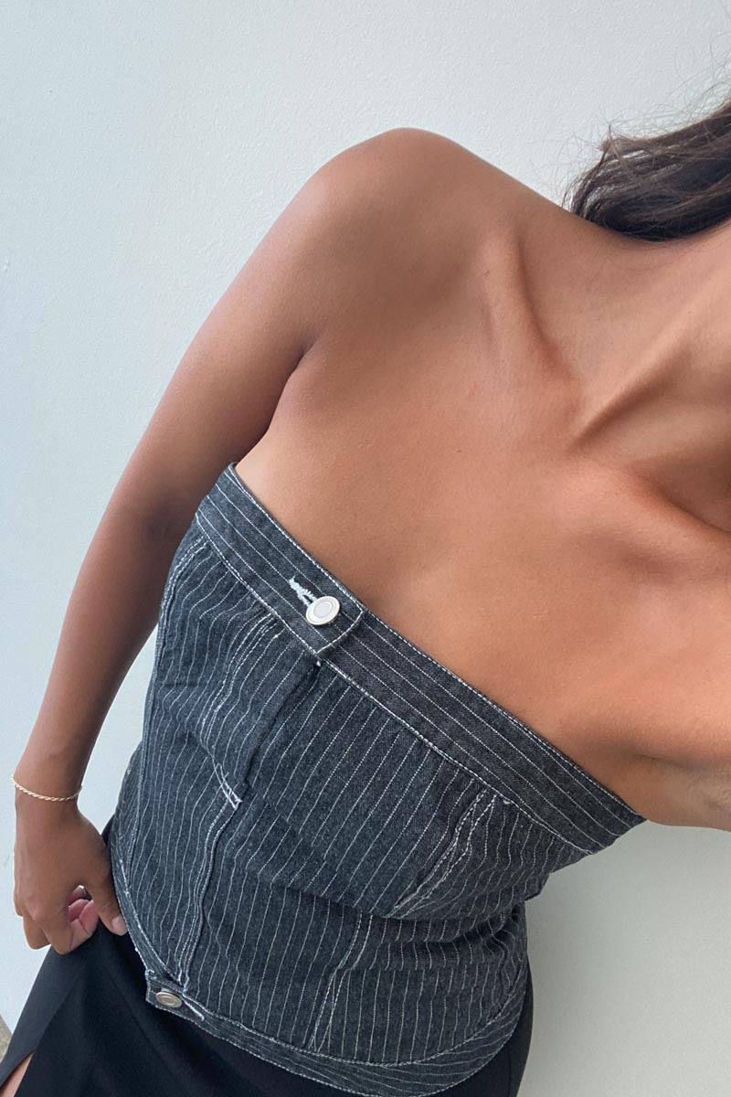 Striped Denim Woven Cotton Tube Top
