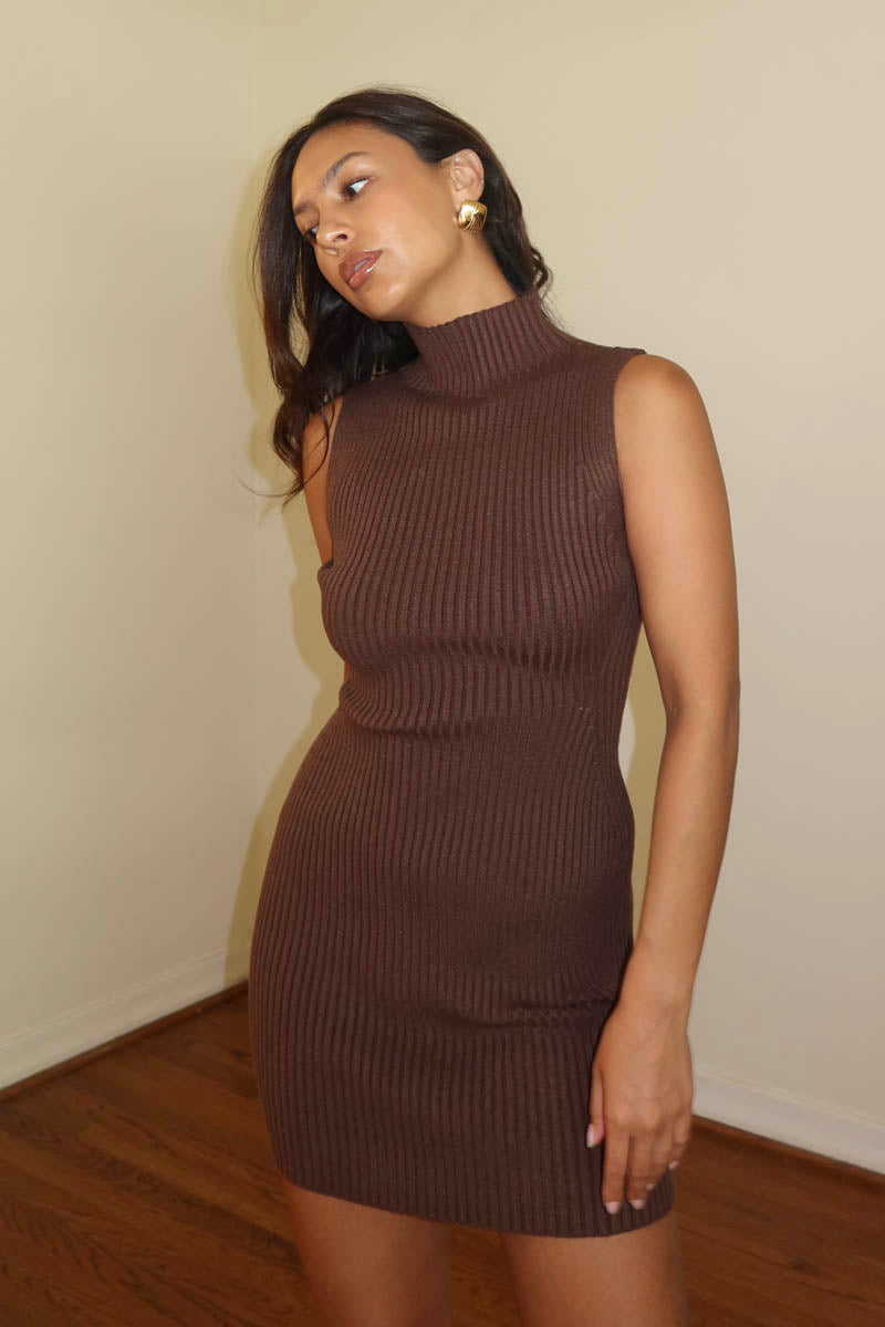 High Neck Ribbed Knit Mini Dress