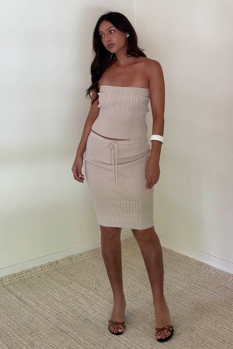 Openwork Knit Tube Top and Skirt Sets