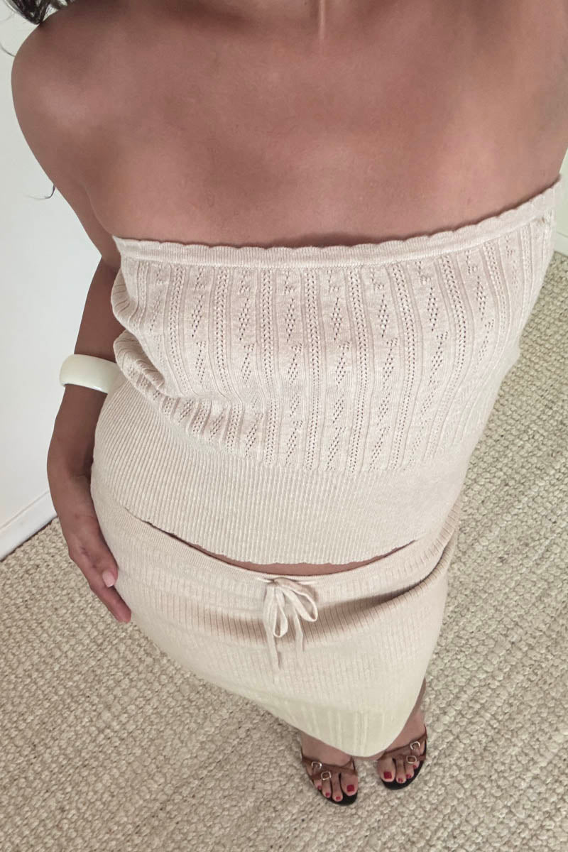 Openwork Knit Tube Top and Skirt Sets