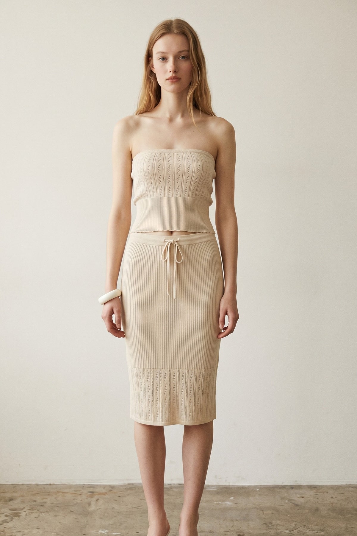 Openwork Knit Tube Top and Skirt Sets