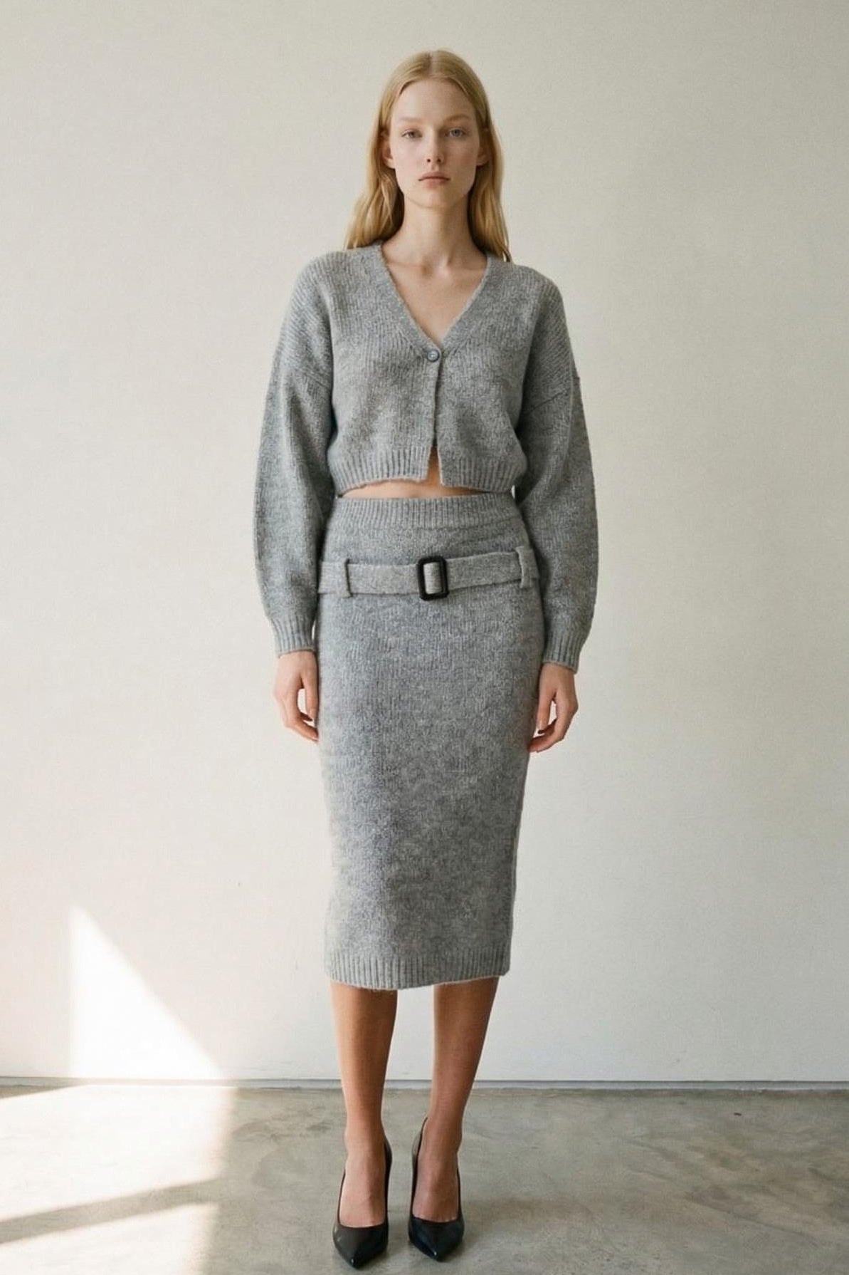 Wool Blended Knit Cropped Cardigan and Belted Skirt Sets