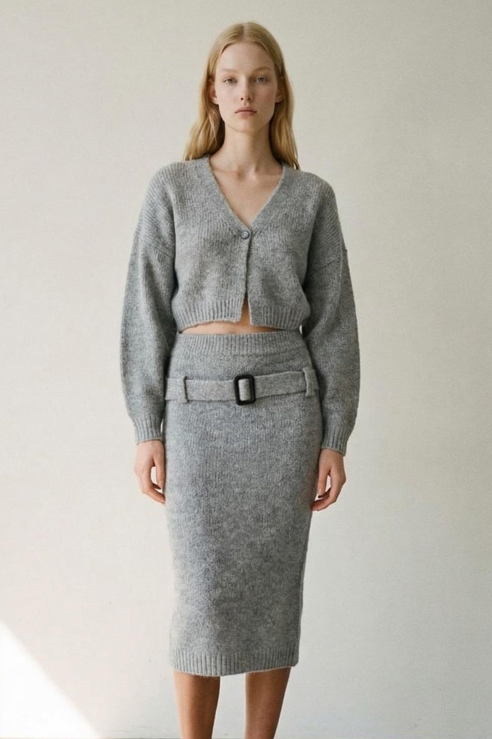 Wool Blended Knit Cropped Cardigan and Belted Skirt Sets